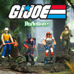 Group of GI Joe ReAction figures posed on a rocky outcrop in a forest scene with the GI Joe logo overhead