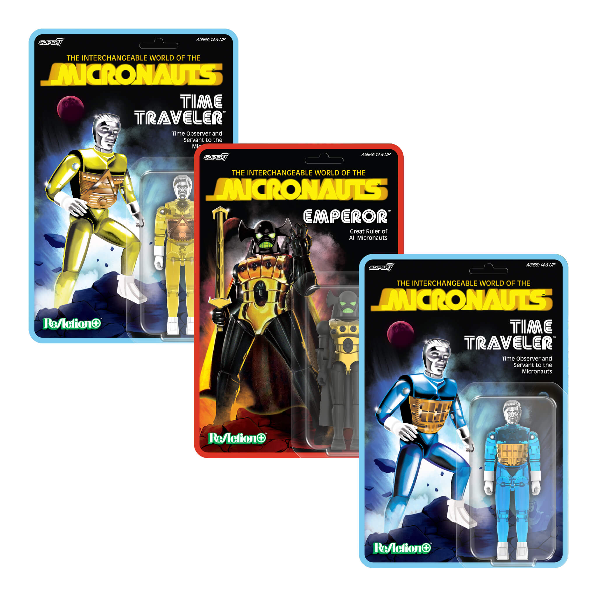 Micronauts ReAction+ Wave 03 - Emperor, Time Traveler (Translucent Yellow) & Time Traveler (Translucent Blue)