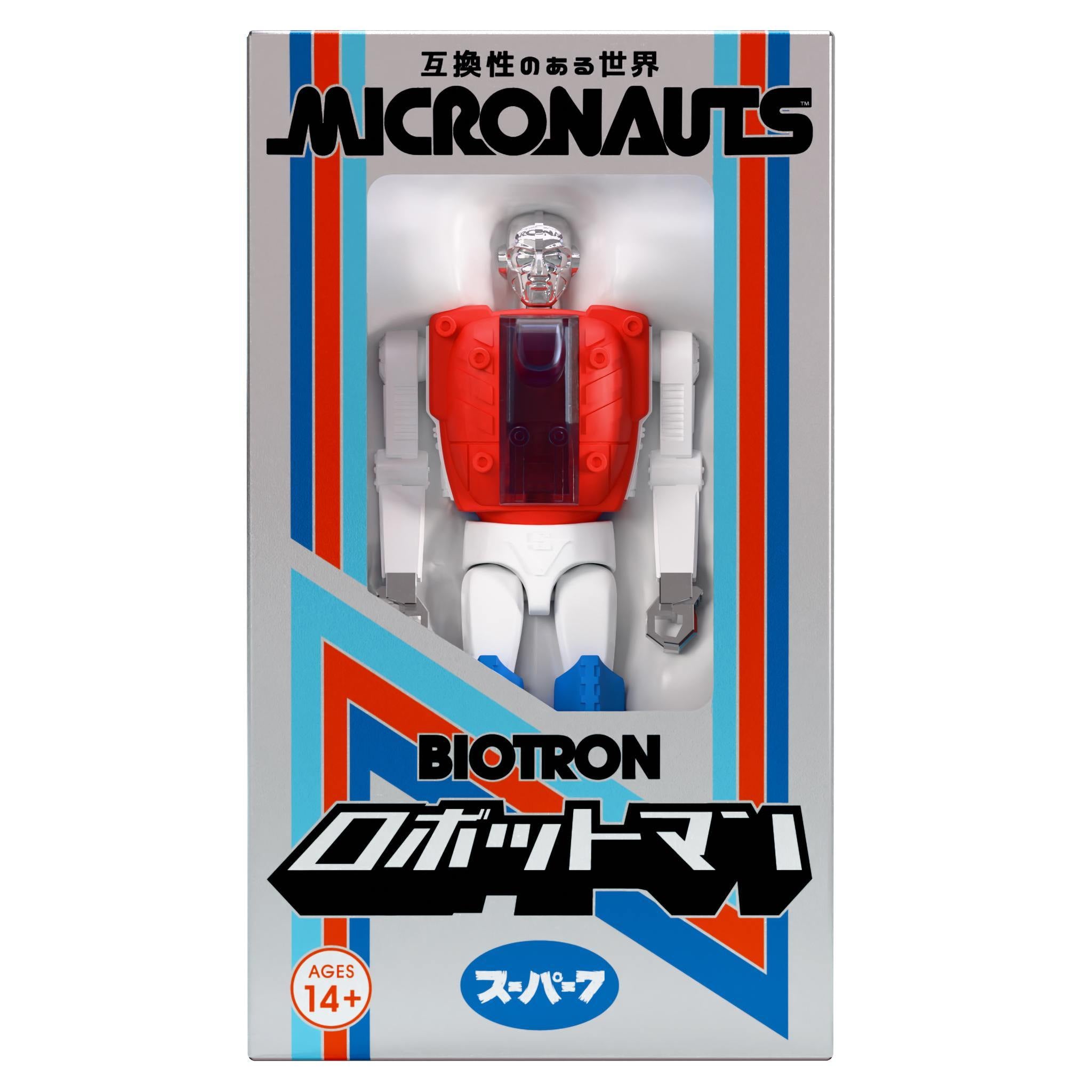 Boxed Micronauts ReAction+ Wave 05 Biotron figure inside a windowed box with bold Micronauts logo