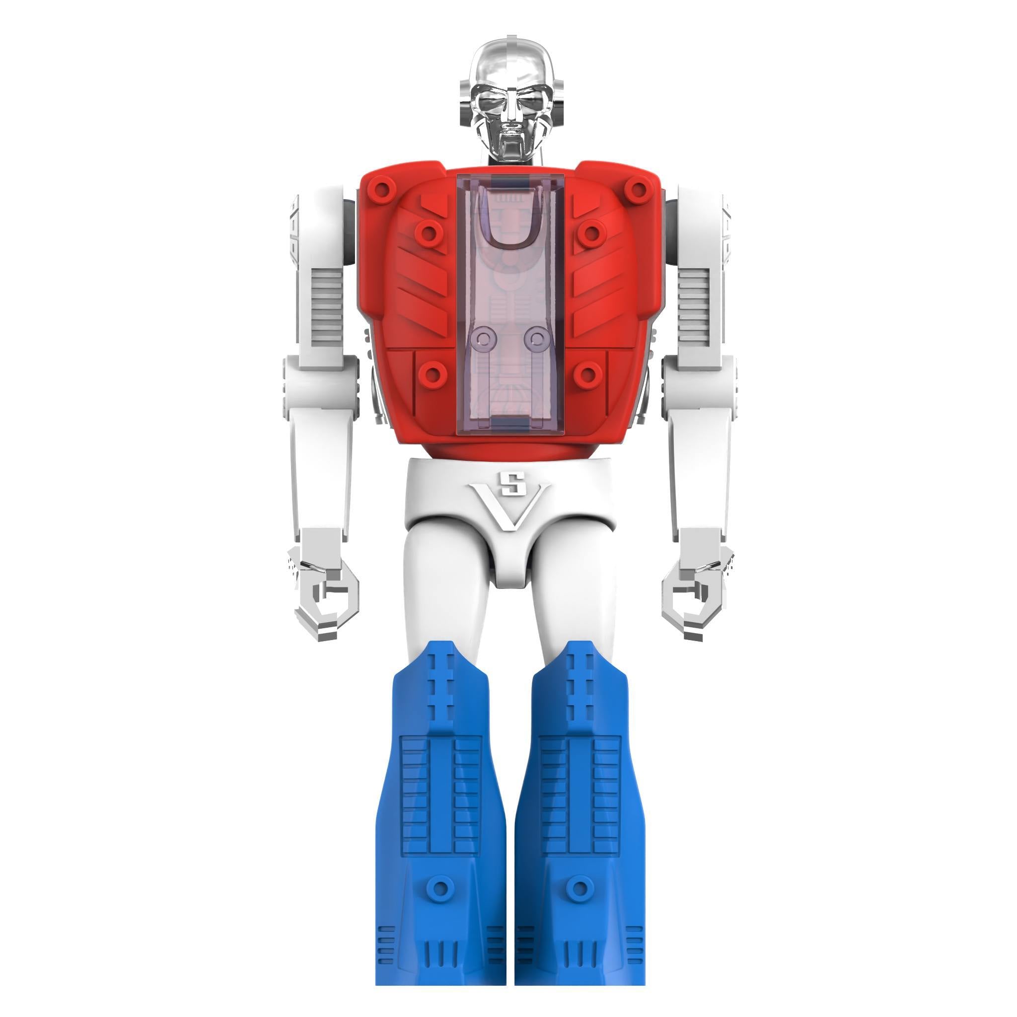 Front view of Micronauts Biotron head man action figure with red chest chrome head and blue legs