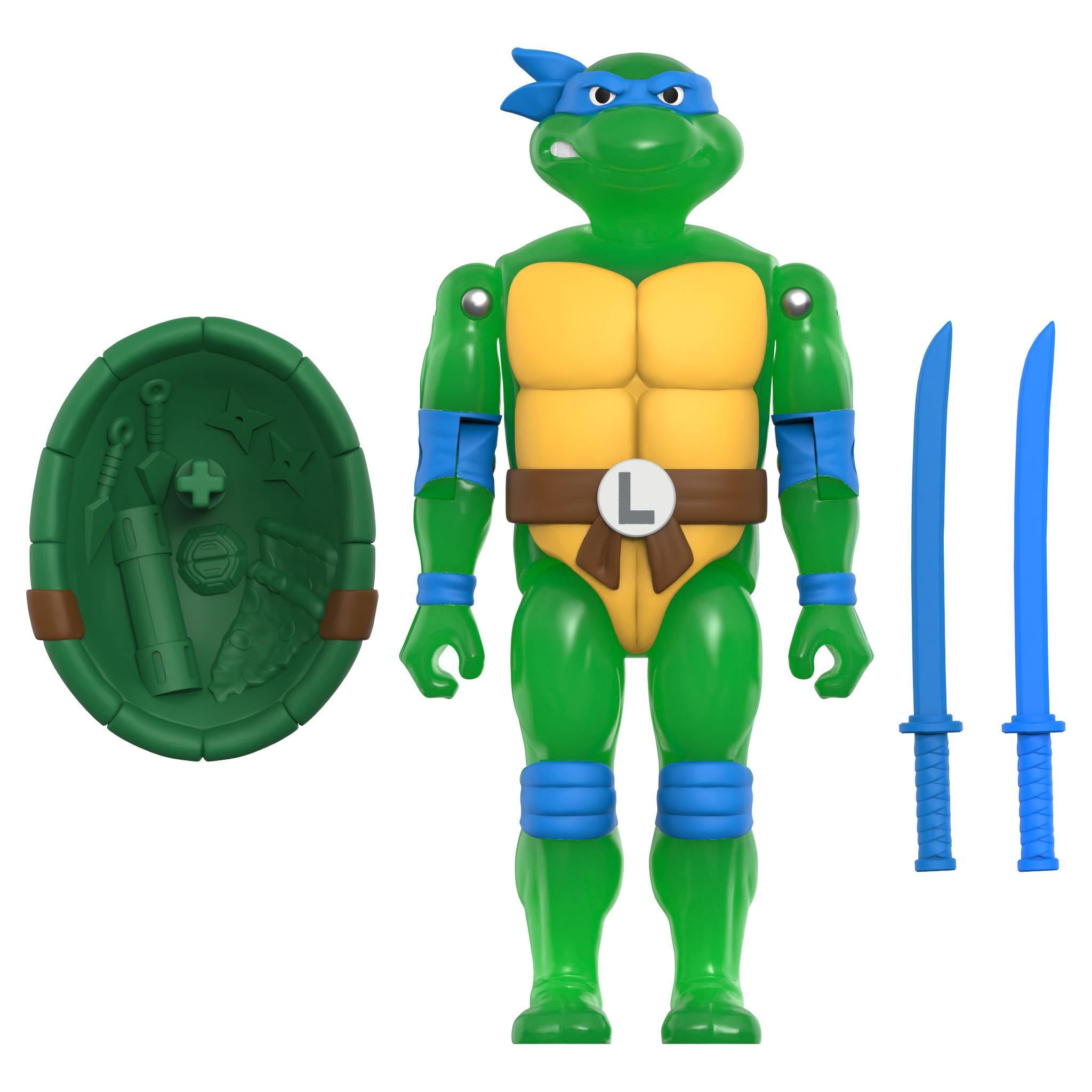 Leonardo style TMNT ReAction+ Mutagen Ooze Turtles 4-Pack Glow figure with blue mask and yellow chest plate