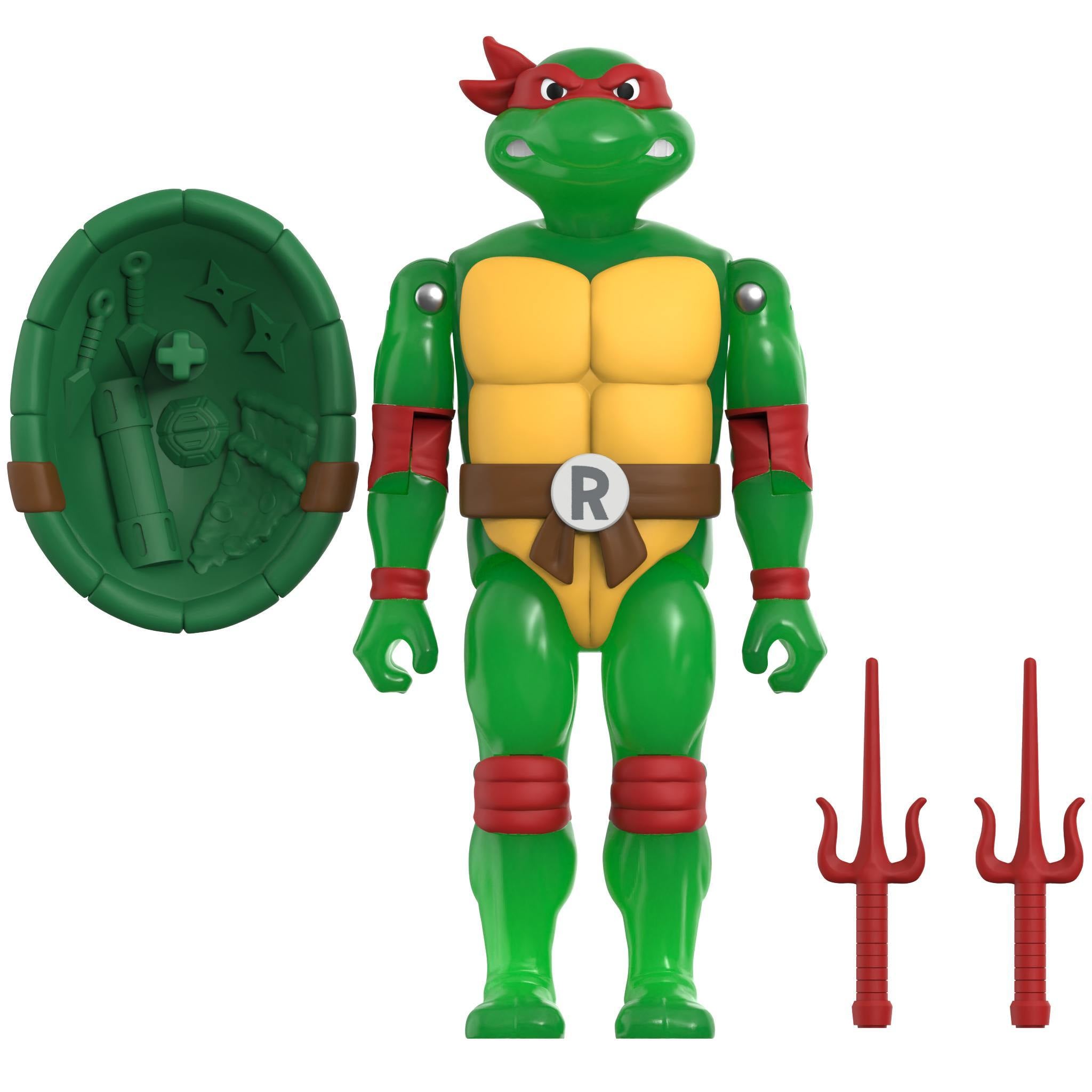 Mutagen Ooze TMNT ReAction+ figure featuring a green turtle with yellow chest, red mask, shield, and red trident accessories