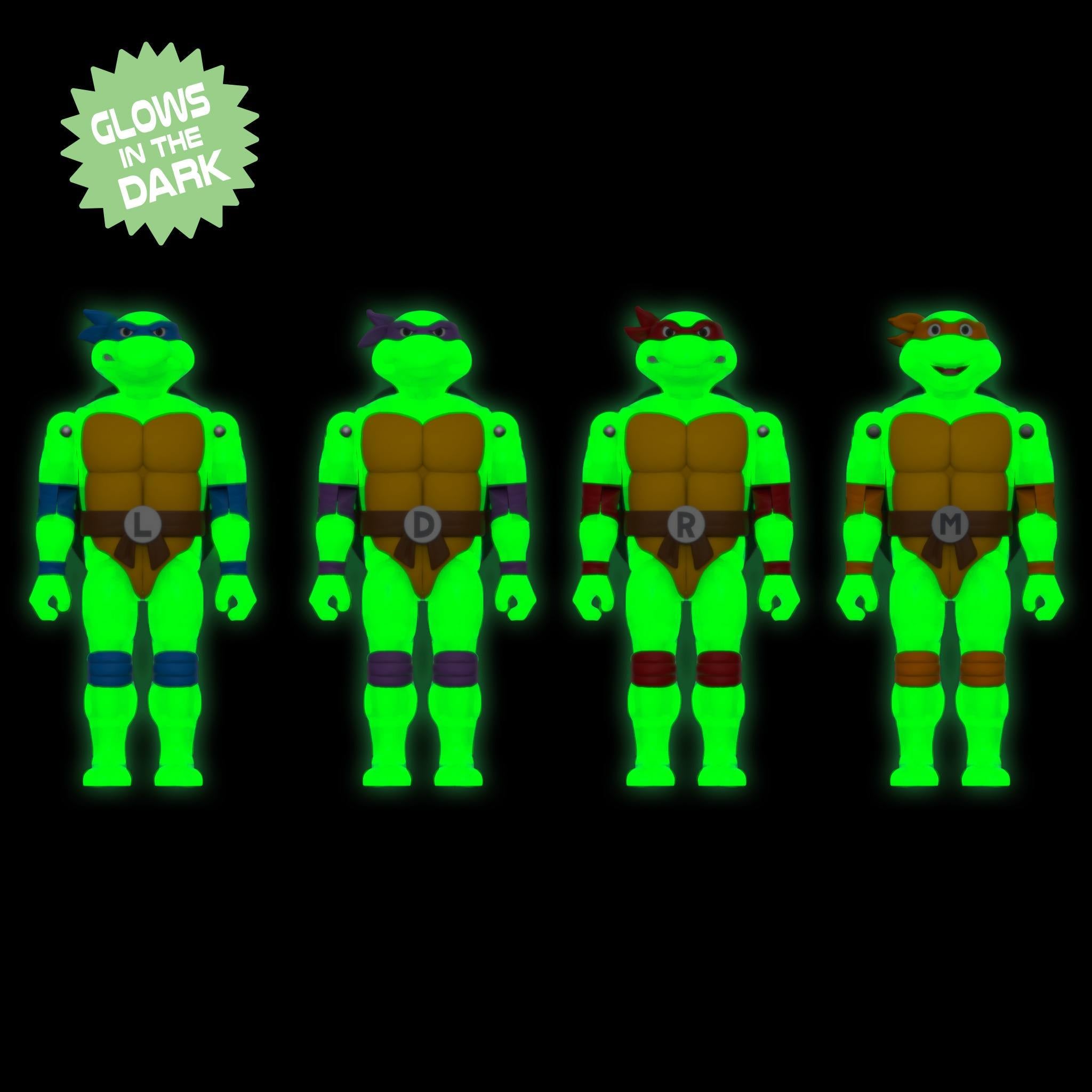 Four glow in the dark Teenage Mutant Ninja Turtles figures lined up against a black background