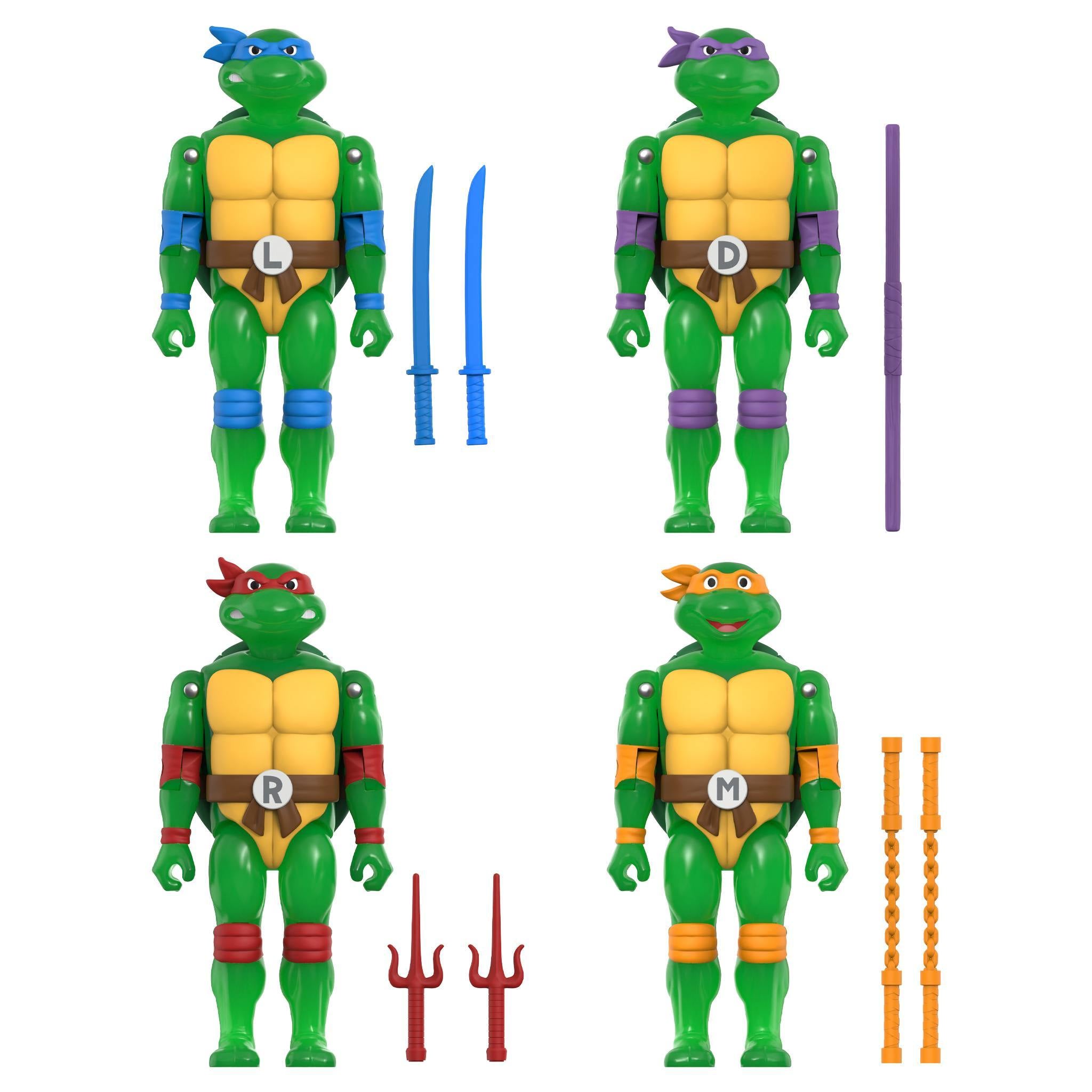 Mutagen Ooze TMNT ReAction+ four pack glow figures featuring two large and two small turtles with weapon accessories