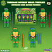 Two large glow in the dark TMNT action figures flank a Mutagen Ooze 4 pack display on a green background
