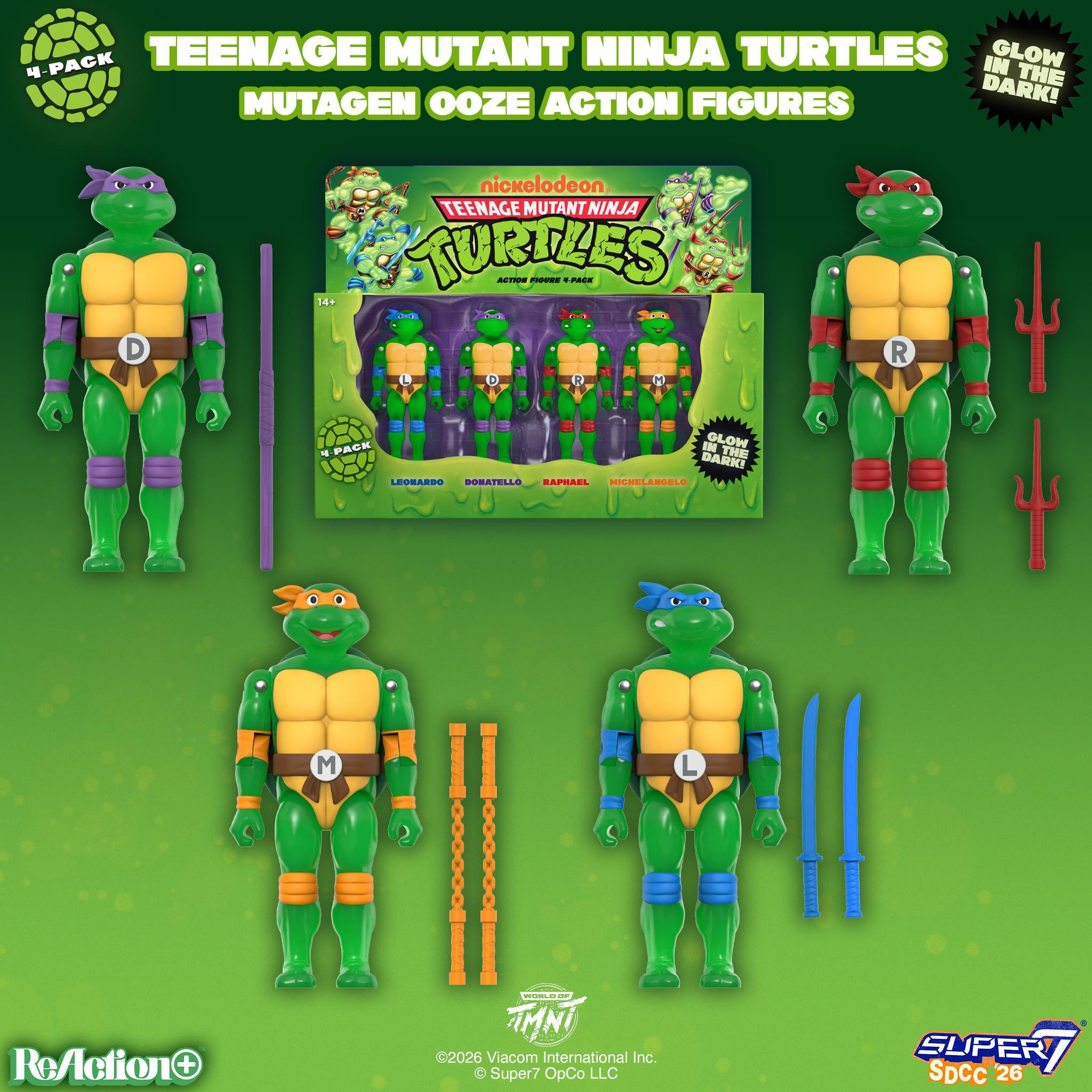 Two large glow in the dark TMNT action figures flank a Mutagen Ooze 4 pack display on a green background