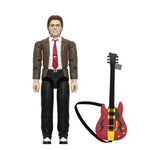 Marty McFly '55 ReAction figure in a brown suit, red tie, and black pants, next to a red guitar