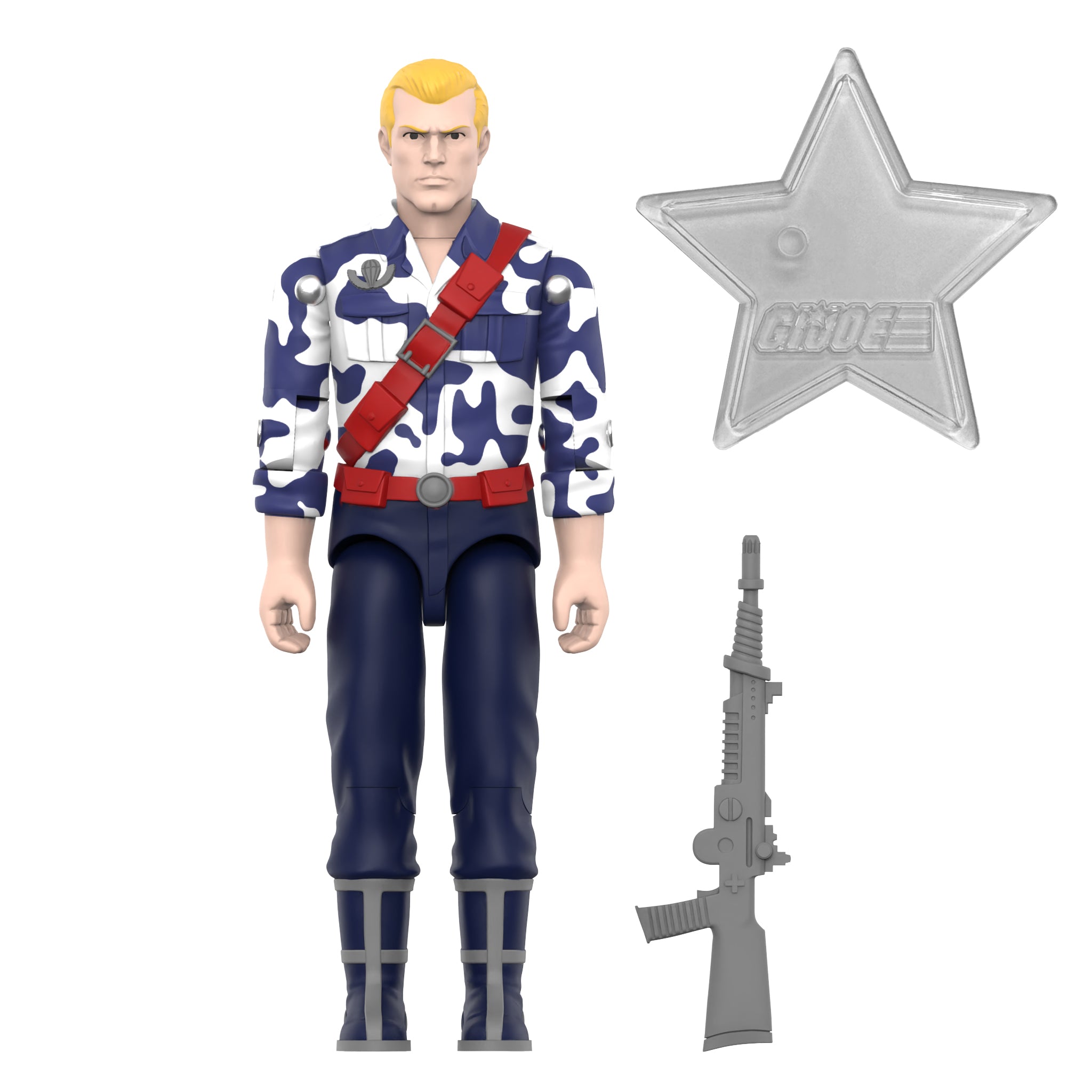 G.I. Joe ReAction Wave 8 Duke action figure in blue and white camouflage, with rifle and star accessory