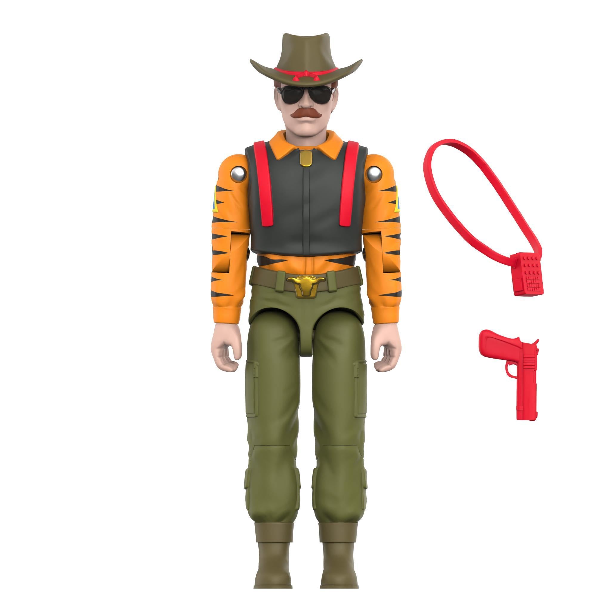 Wild Bill Tiger Force action figure wearing hat sunglasses orange sleeves and red suspenders.