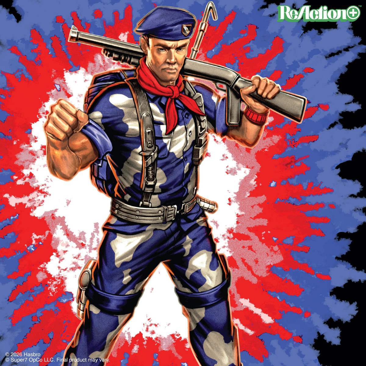 G.I. Joe ReAction figure of a male character in blue camouflage, red scarf, and beret, holding a rifle