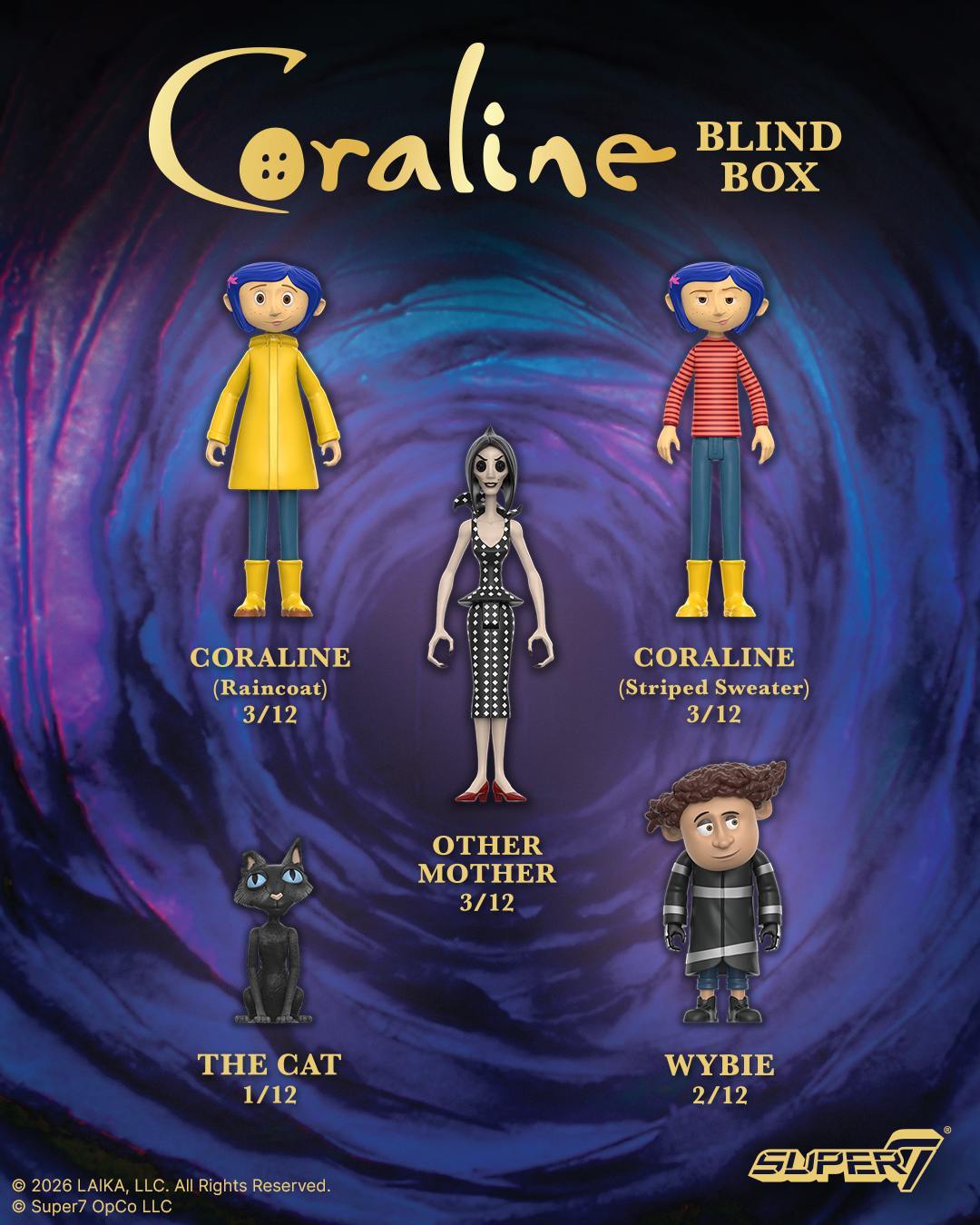 Coraline Blind Box Wave 01 cover art with Raincoat Coraline Striped Sweater Coraline Other Mother The Cat and Wybie against a purple swirl background