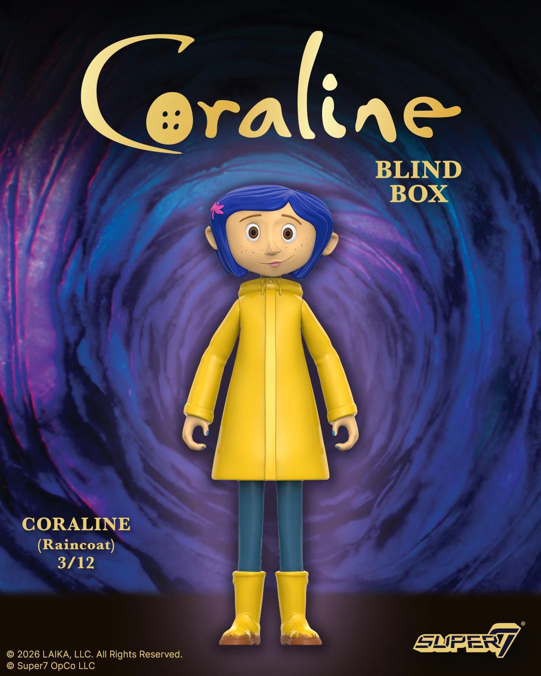 Full body Coraline Raincoat figure standing on a purple swirl background