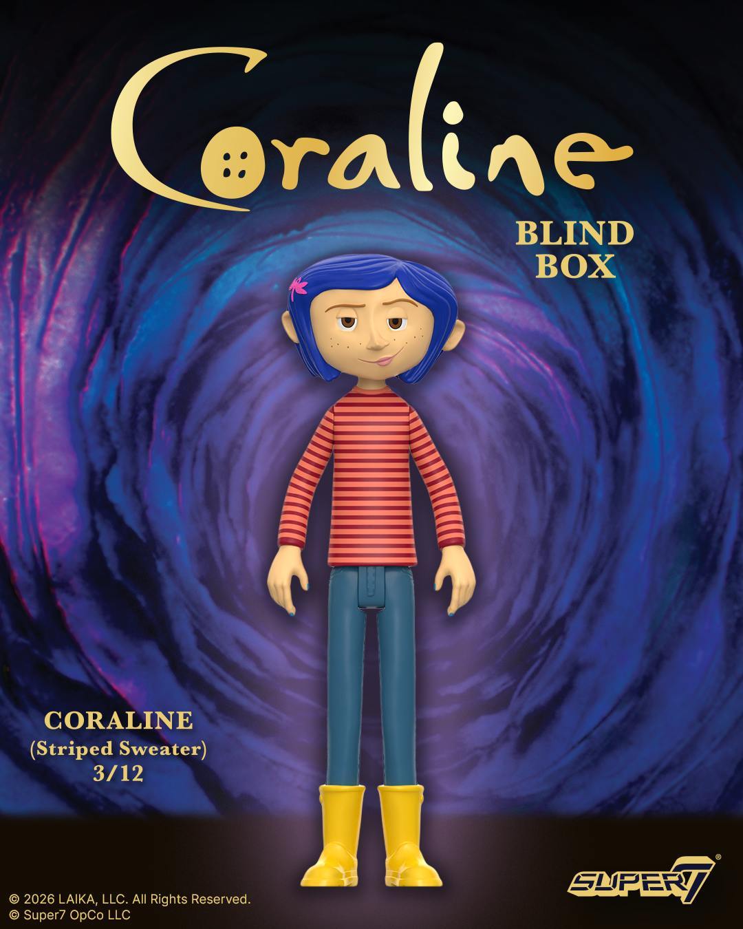 Coraline ReAction Blind Box Wave 01 cover shows Coraline in a red striped sweater teal pants and yellow boots against a swirling purple background