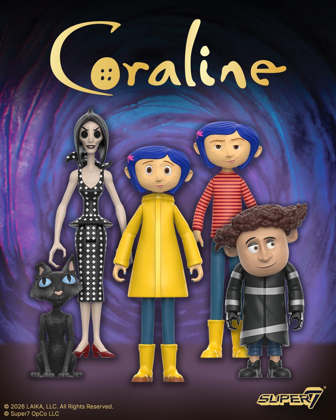 Coraline Raincoat figure centered on a purple swirl backdrop from the Wave 01 artwork