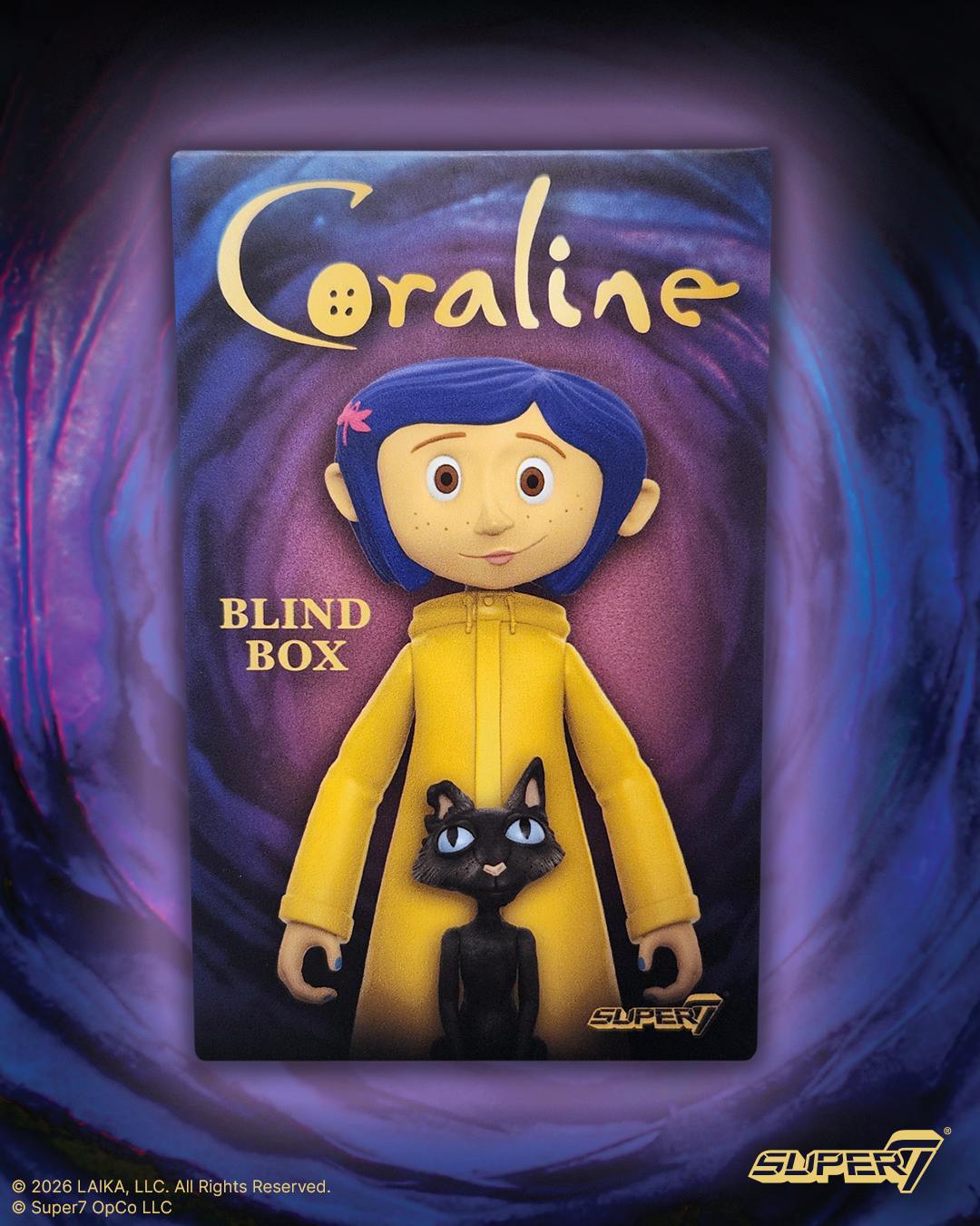 Coraline Blind Box Wave 01 packaging front showing Coraline in a yellow raincoat with a black cat against a blue swirl background