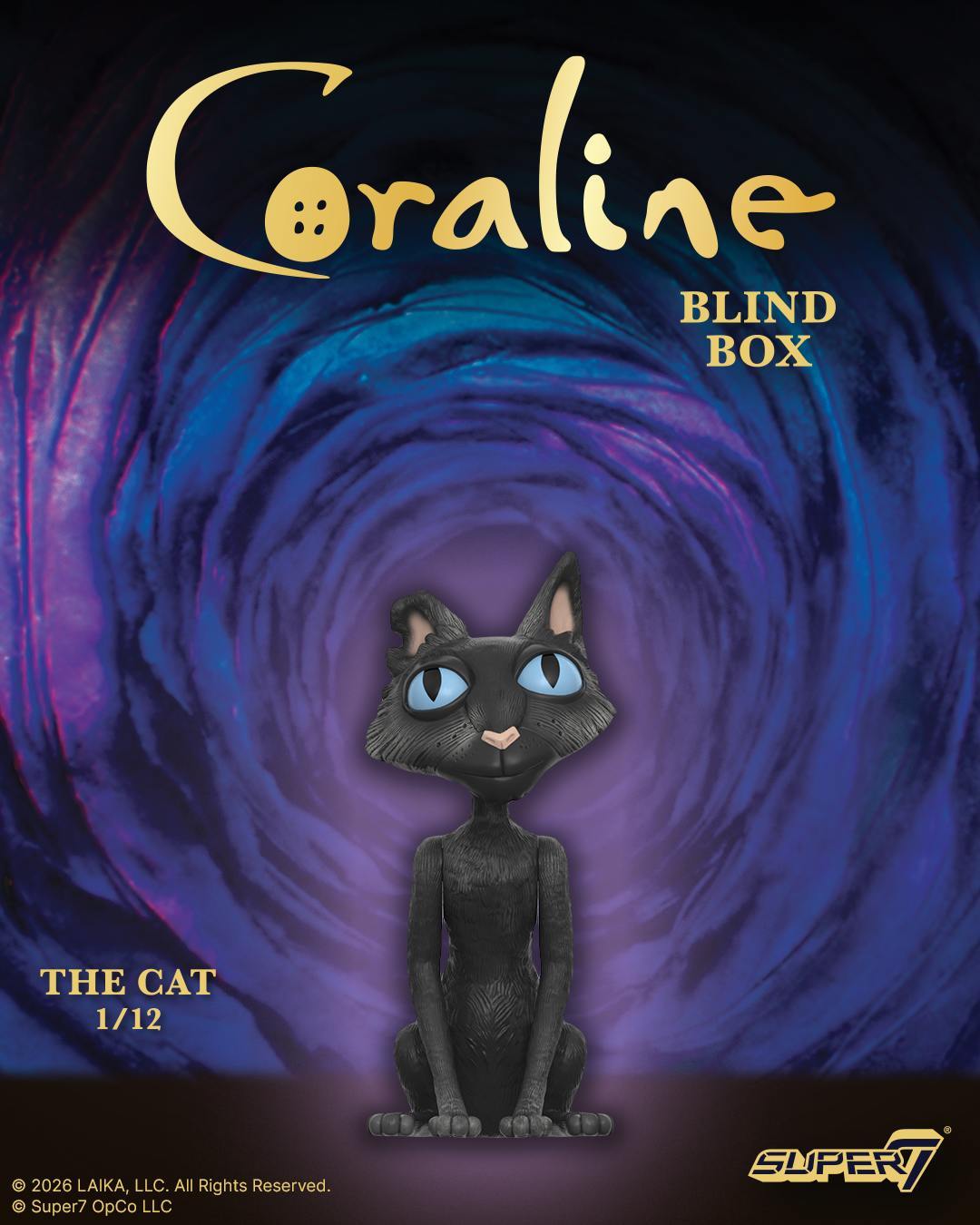 The Cat from Coraline ReAction Blind Box Wave 01 black cat figure with blue eyes against a purple vortex backdrop
