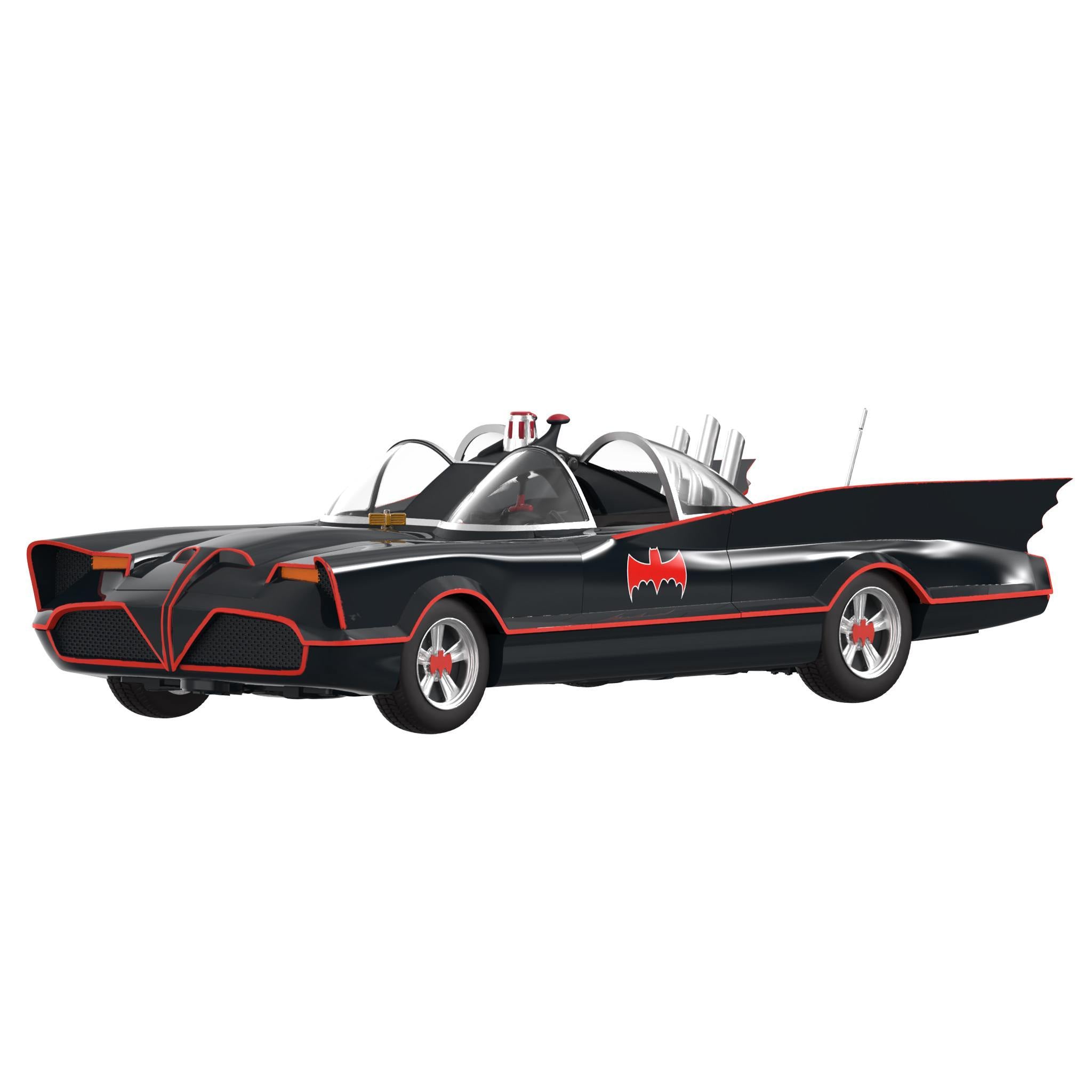 Side view of the Batman Batmobile toy in red and black packaging with bat emblem decals