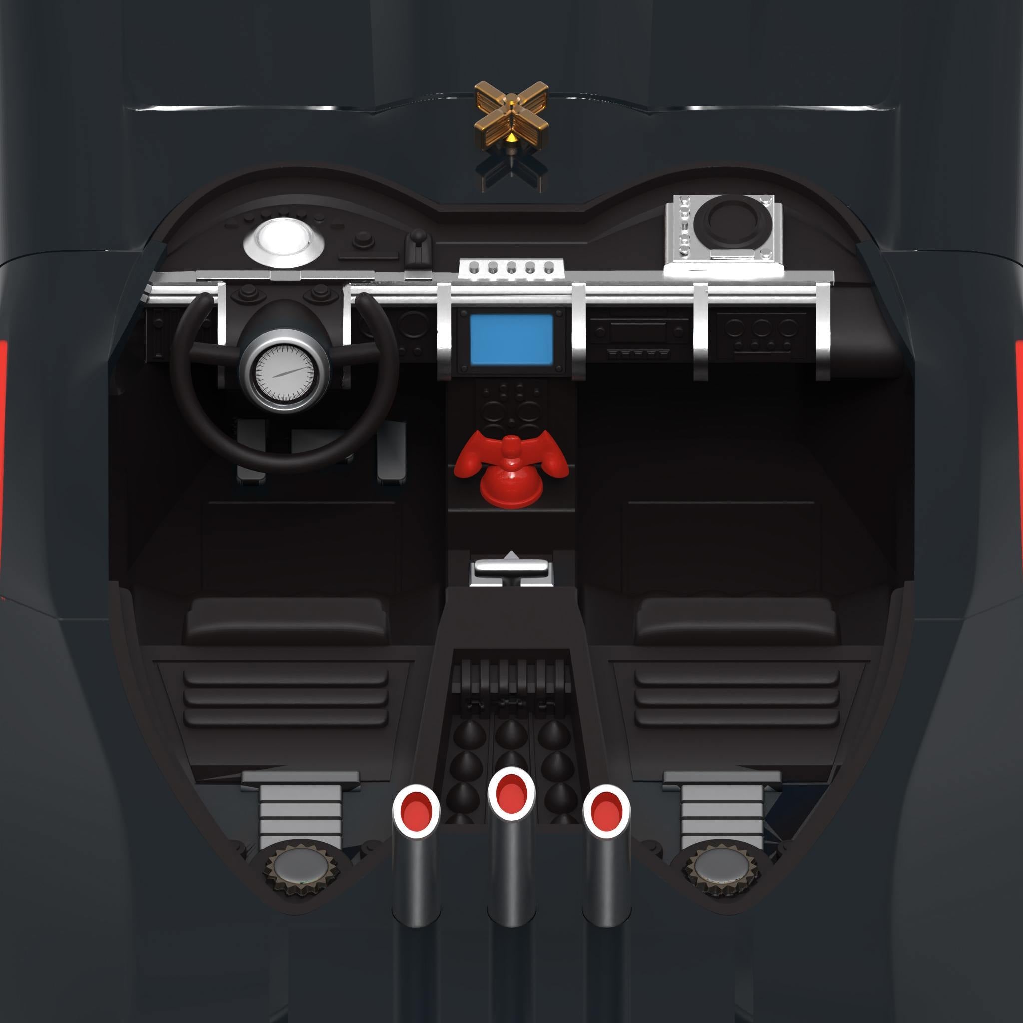 Batmobile cockpit interior featuring steering wheel dashboard and exposed piping