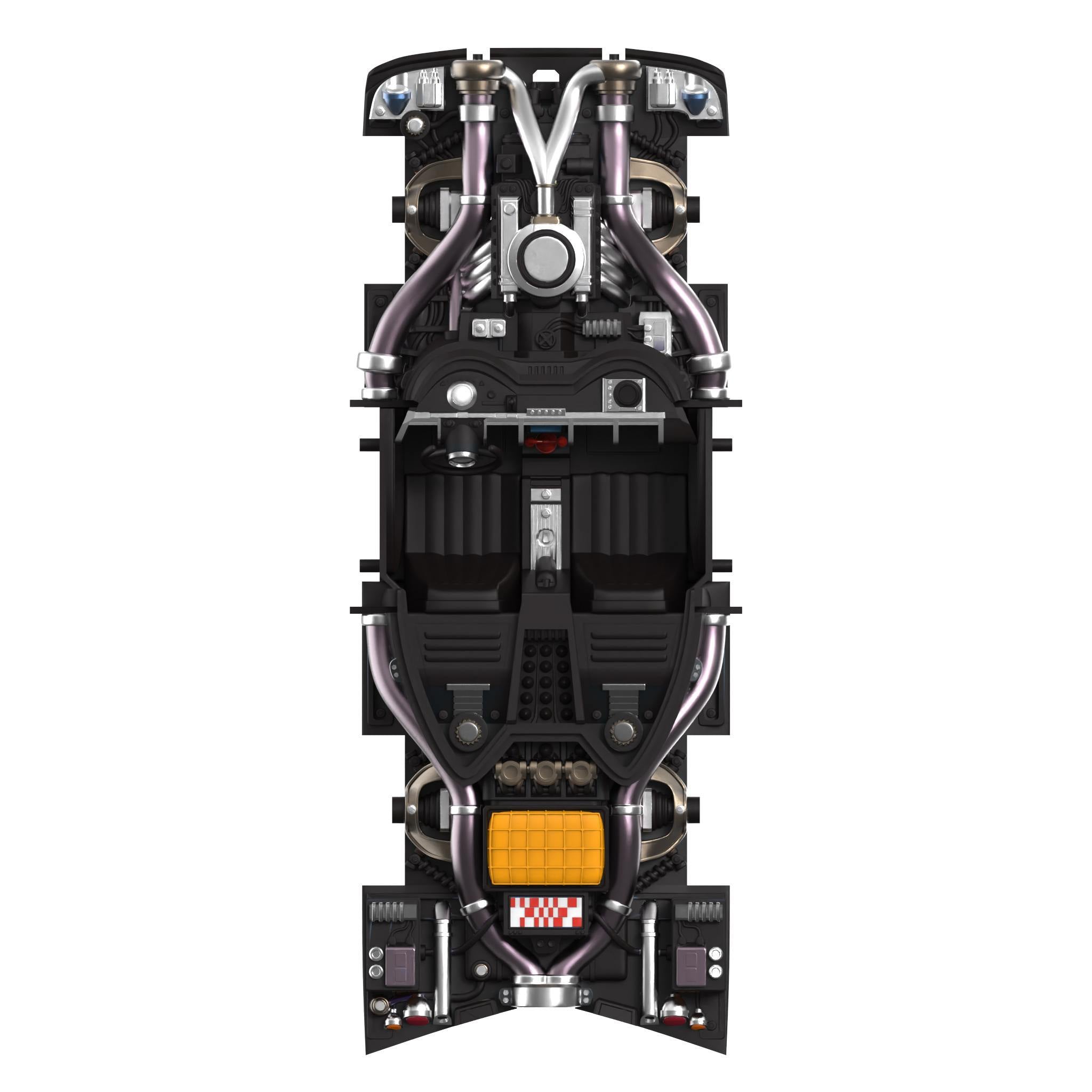 Batmobile engine bay with exposed chrome pipes and mechanical details