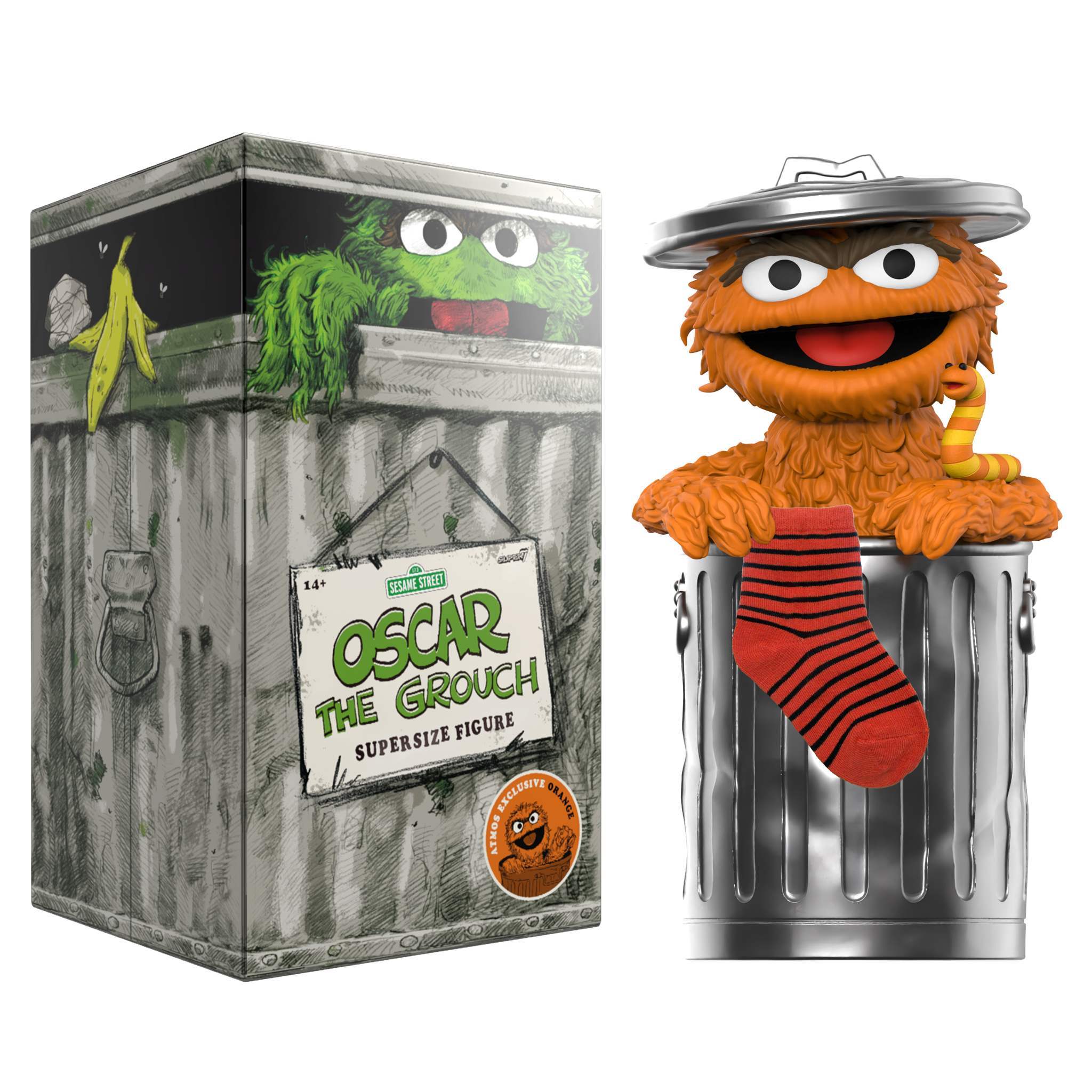 Orange Oscar The Grouch SuperSize Vinyl figure in a trash can with a red striped sock