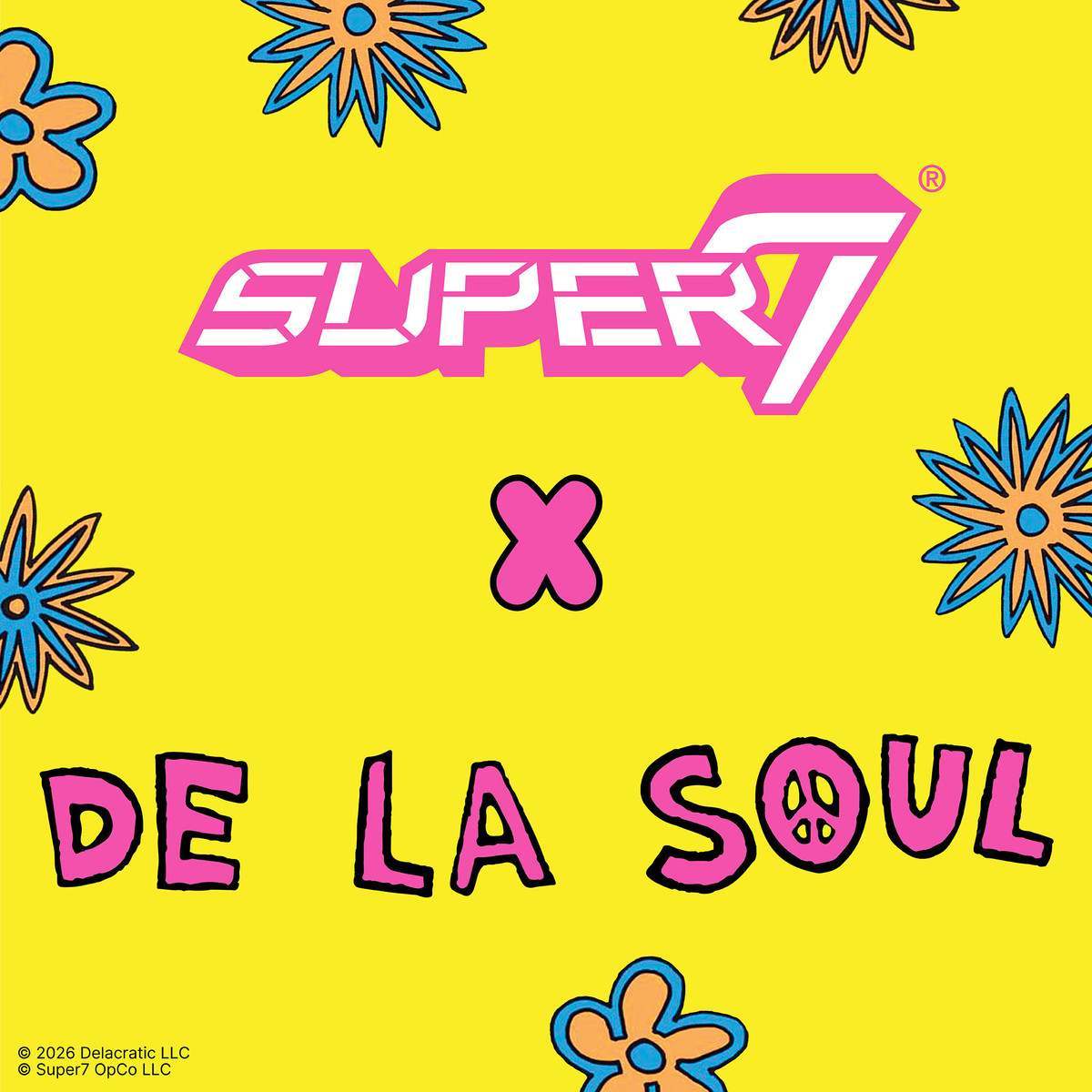 Super7 x De La Soul collaboration logo on a yellow background with flowers