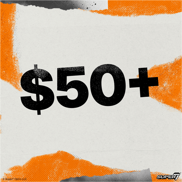 Fifty dollars plus text on a textured background with orange and grey paint strokes