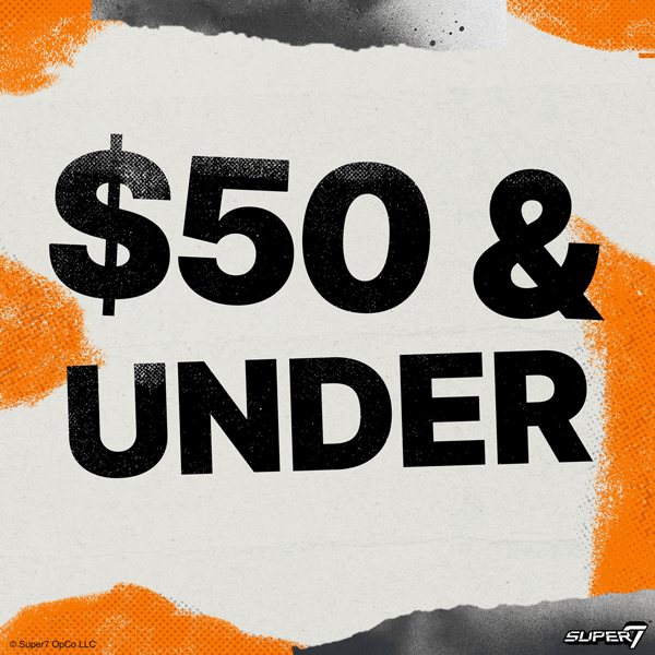 Fifty dollars and under text on a distressed background