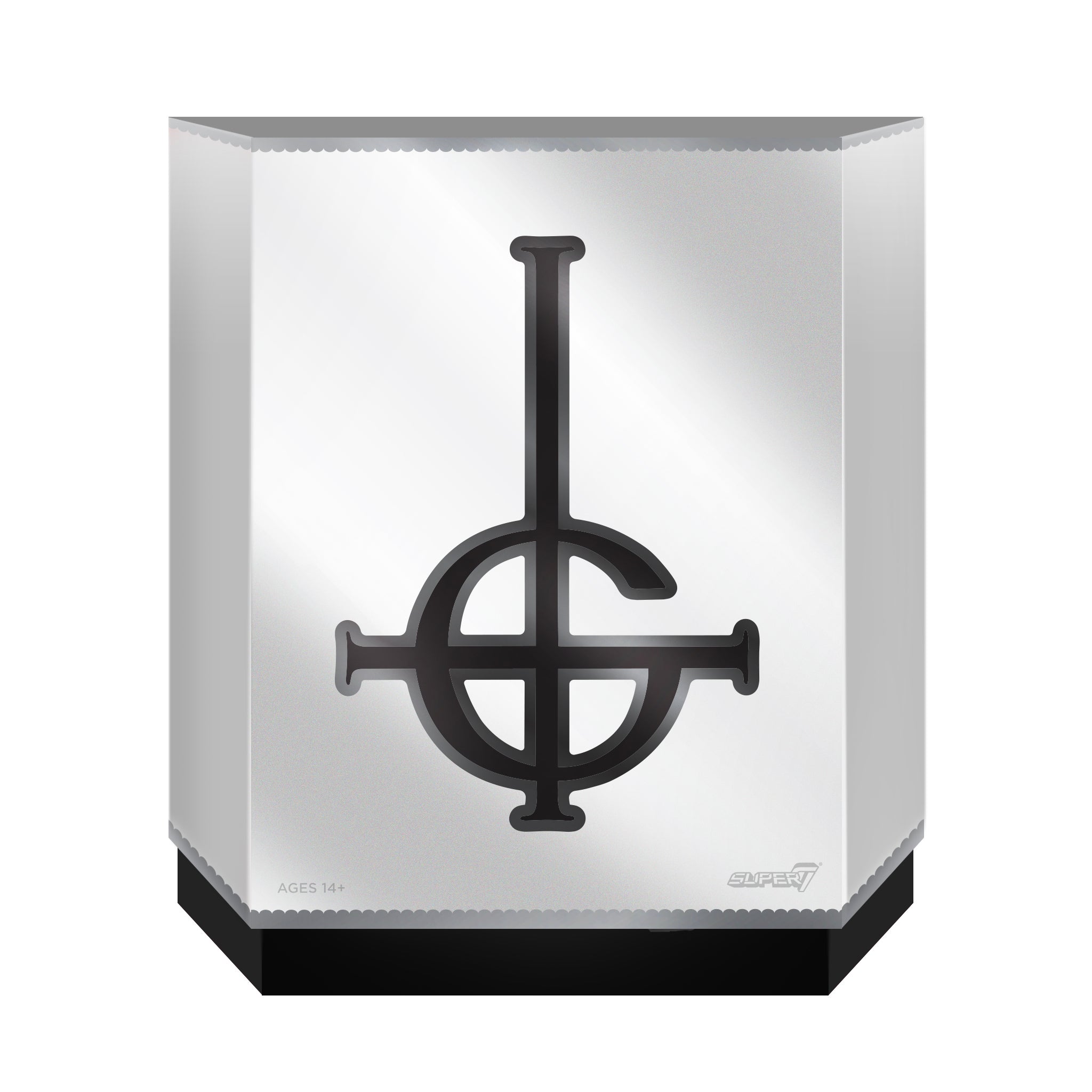 Ghost ULTIMATES! Wave 1 Figure Papa Emeritus I (Pre-Order) packaging with black Grucifix logo