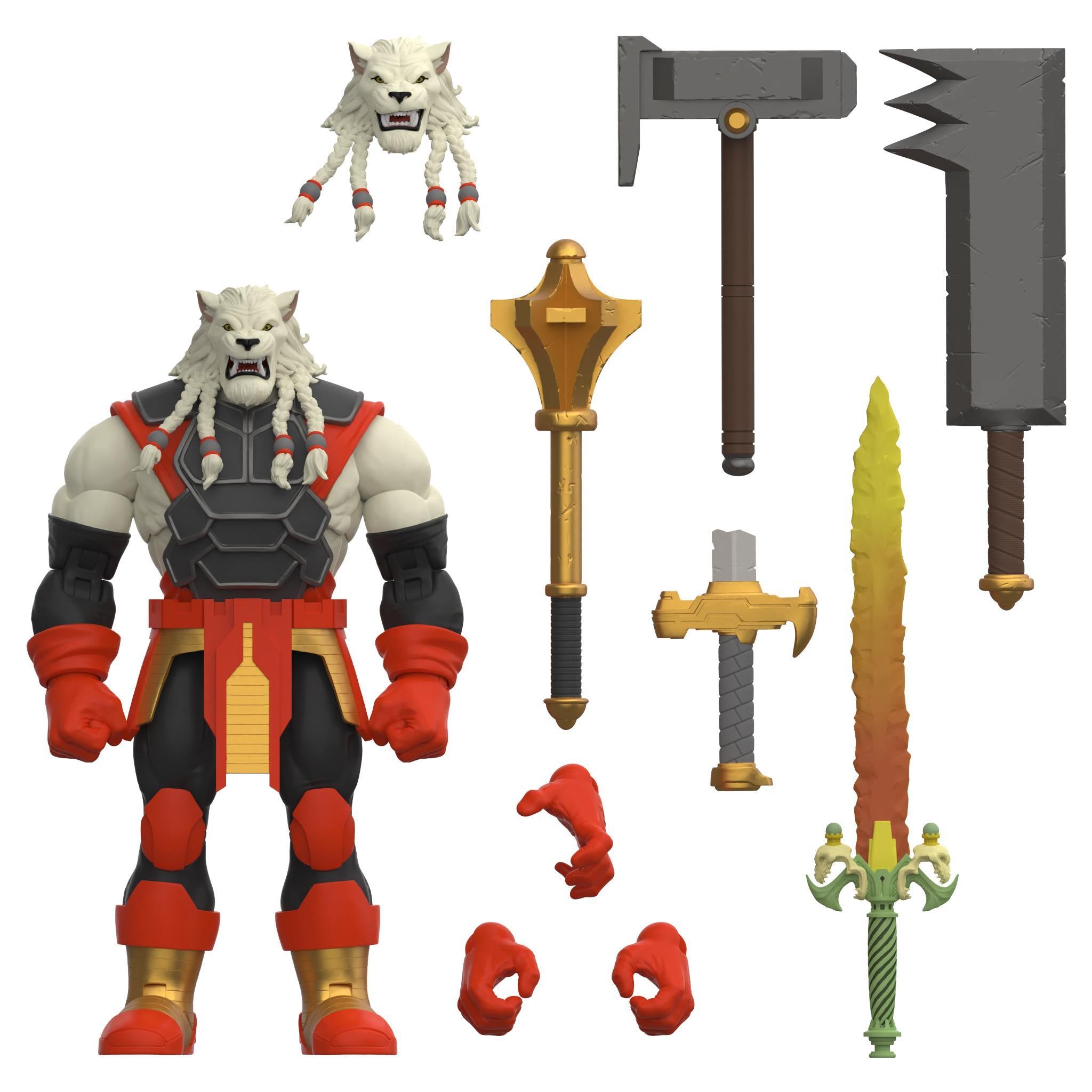 Invincible ULTIMATES Battle Beast figure with white fur and red armor, plus assorted weapons and accessories