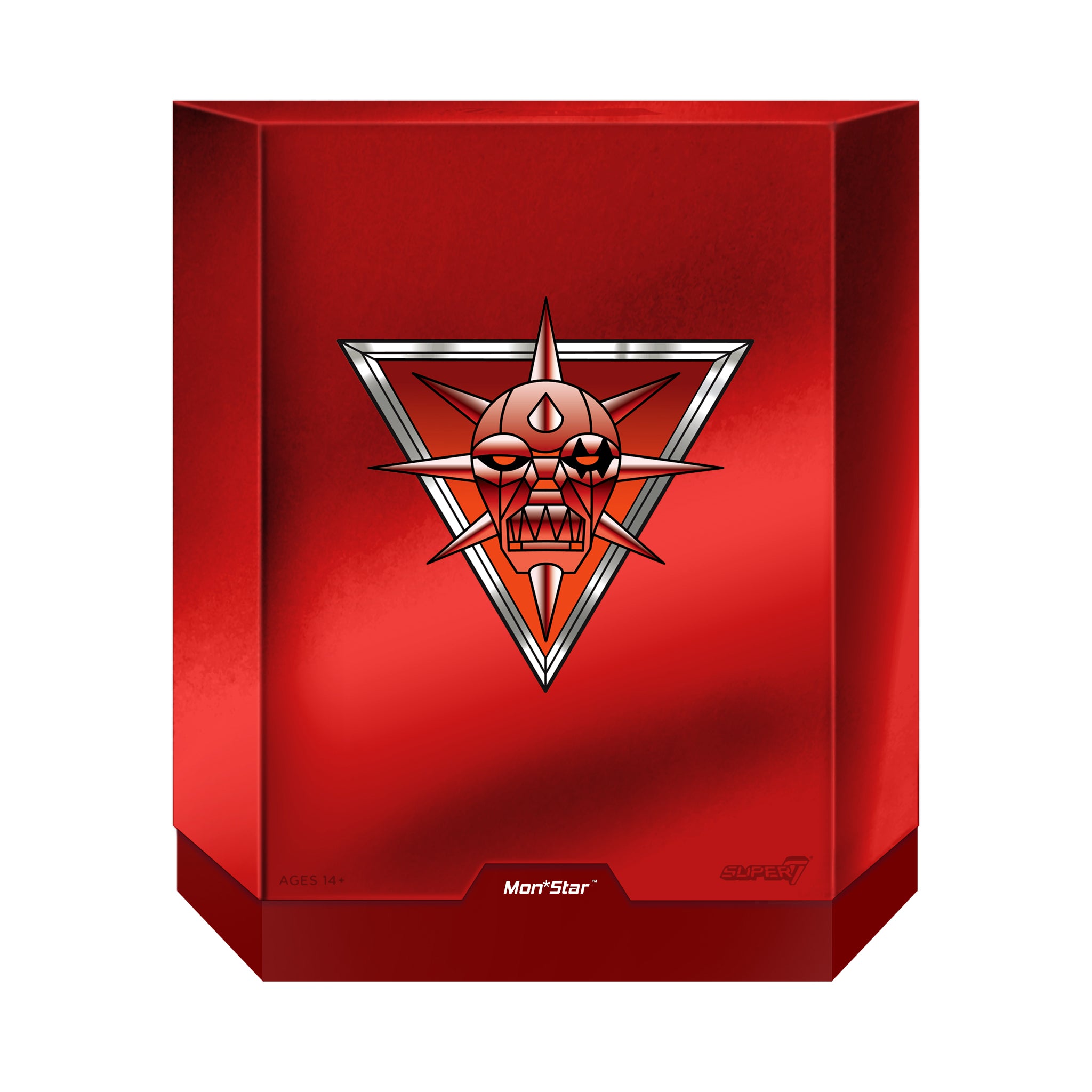 Red box with a silver triangle and a red, spiky, skull-like face in the center