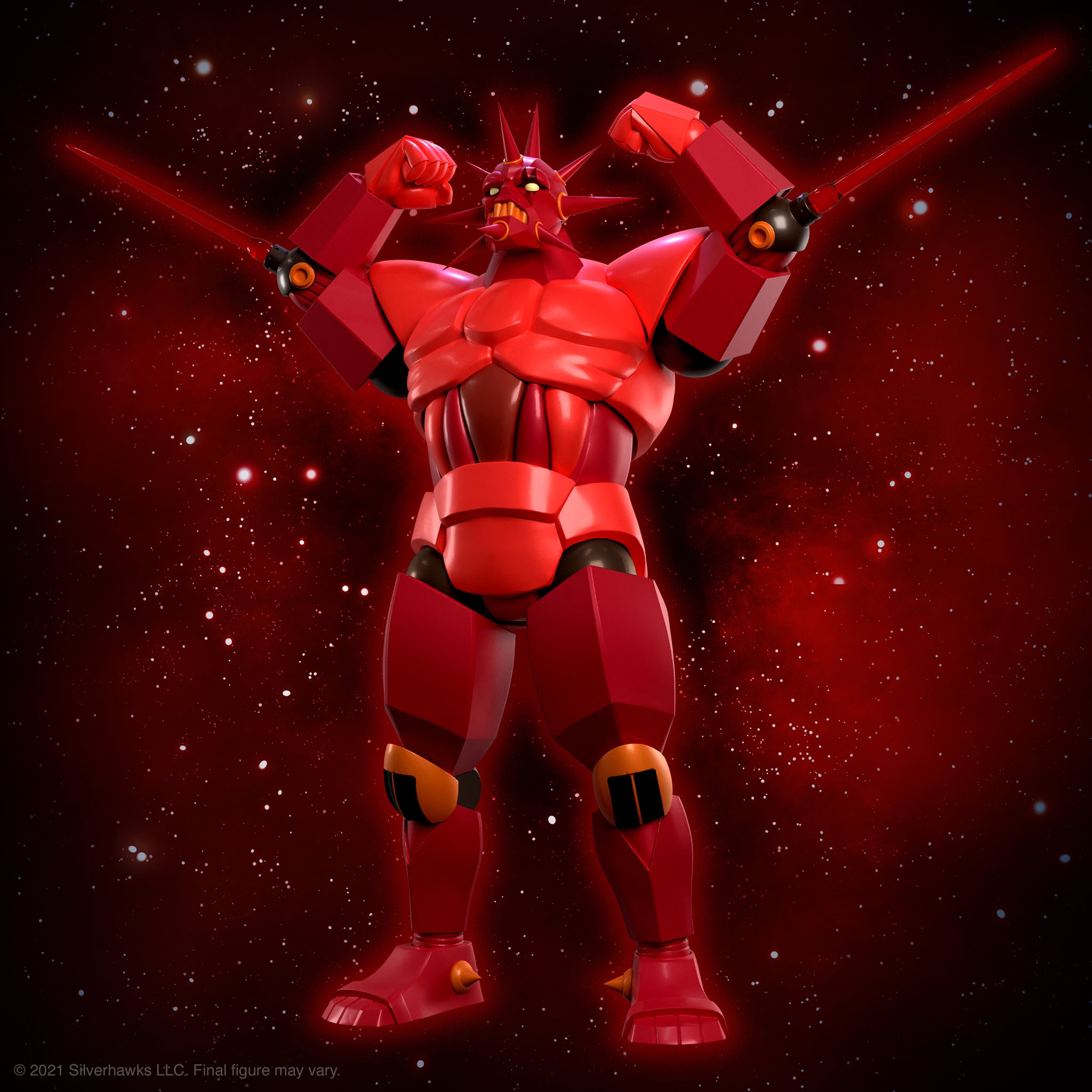 Red robot with spikes on its head and glowing red blades on its arms against a starry red background