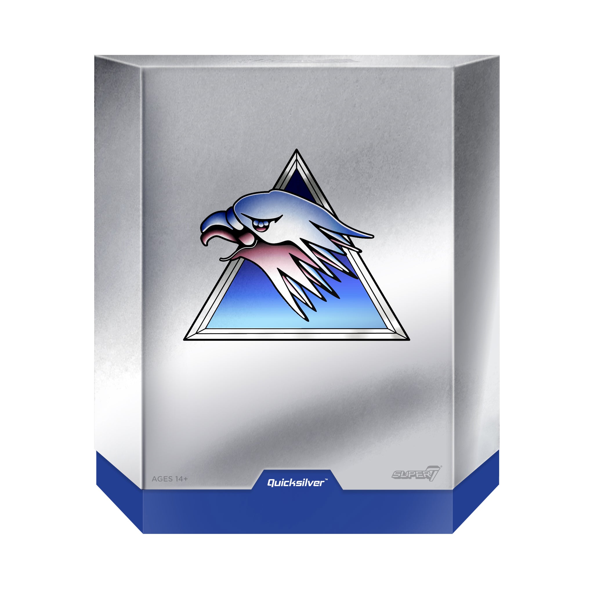 SilverHawks ULTIMATES! Wave 1 Quicksilver packaging with a metallic silver finish and blue base