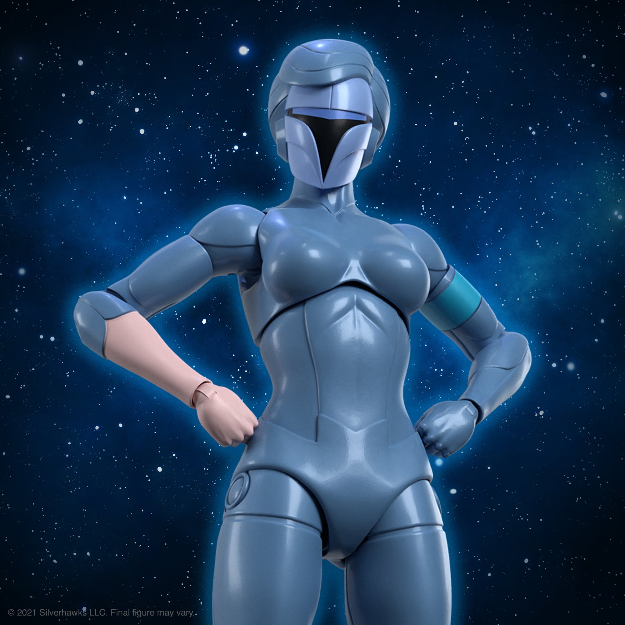 Blue female robot with a black visor, light blue hair, and a light blue armband on a starry background