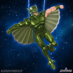 Quicksilver Super7 SilverHawks Ultimates figure in green armor with wings, flying against a starry blue background