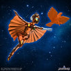 Yes-Man and Poker-Face figures in metallic orange chrome flying through a starry space backdrop