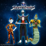Group shot of SilverHawks ULTIMATES Wave 08 figures Copper Kidd Yes-Man and Poker-Face against a starry blue background