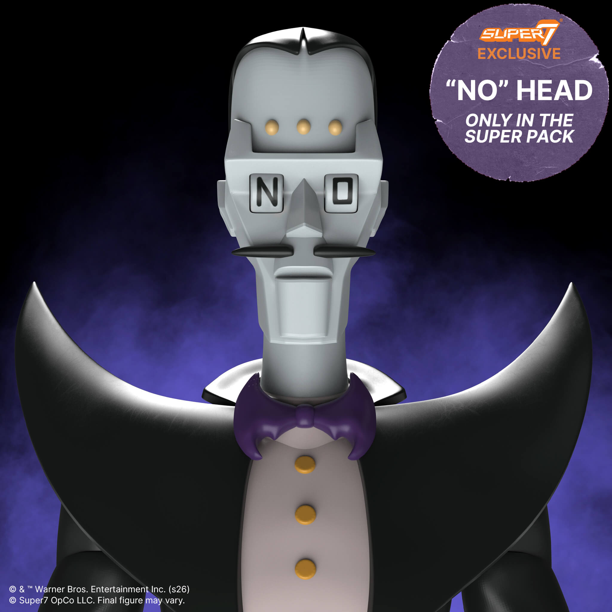 Close up of a silver robotic head from SilverHawks ULTIMATES Wave 08 with three gold eye dots and a purple exclusive badge