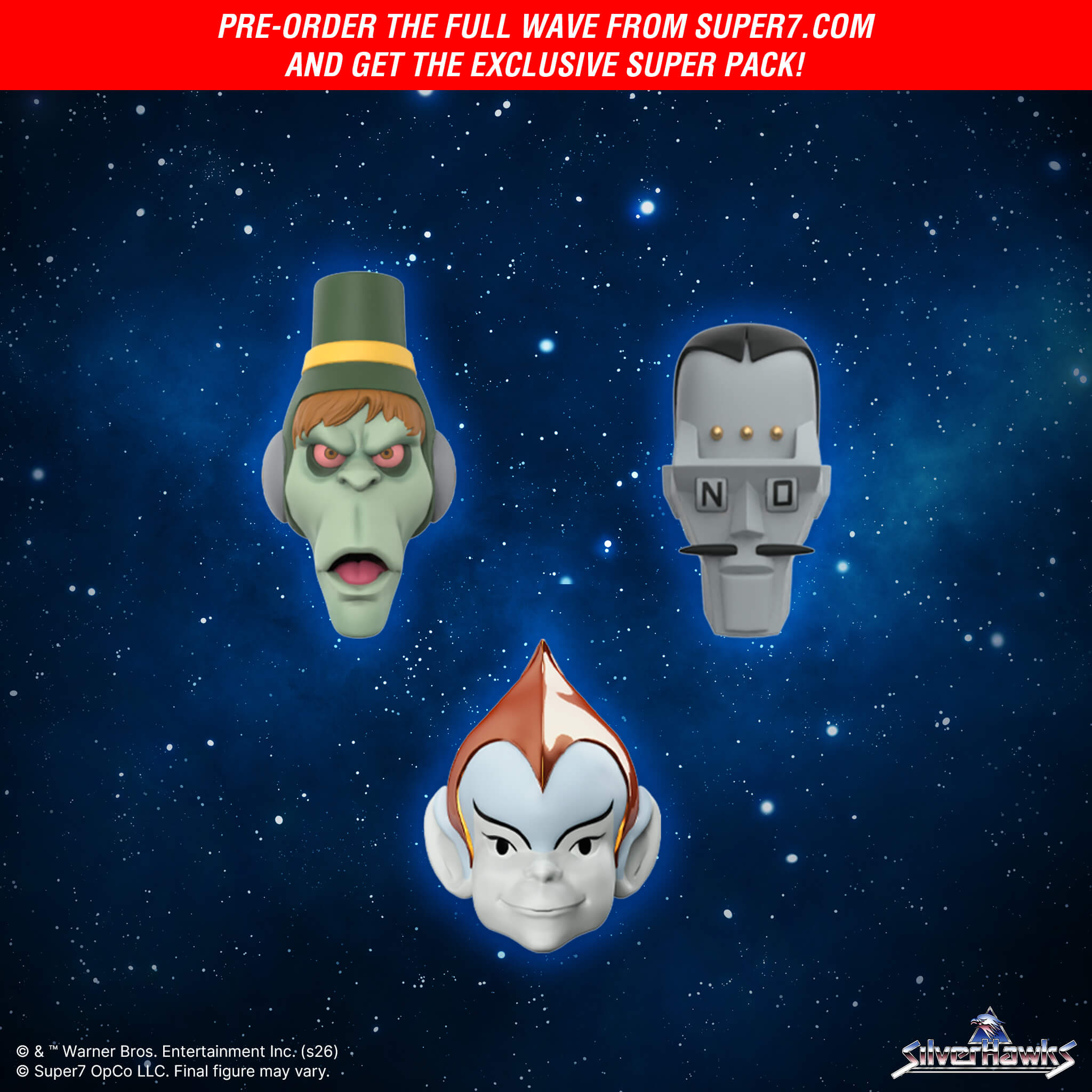 Floating SilverHawks ULTIMATES heads in a space scene with a red promotional banner overhead.