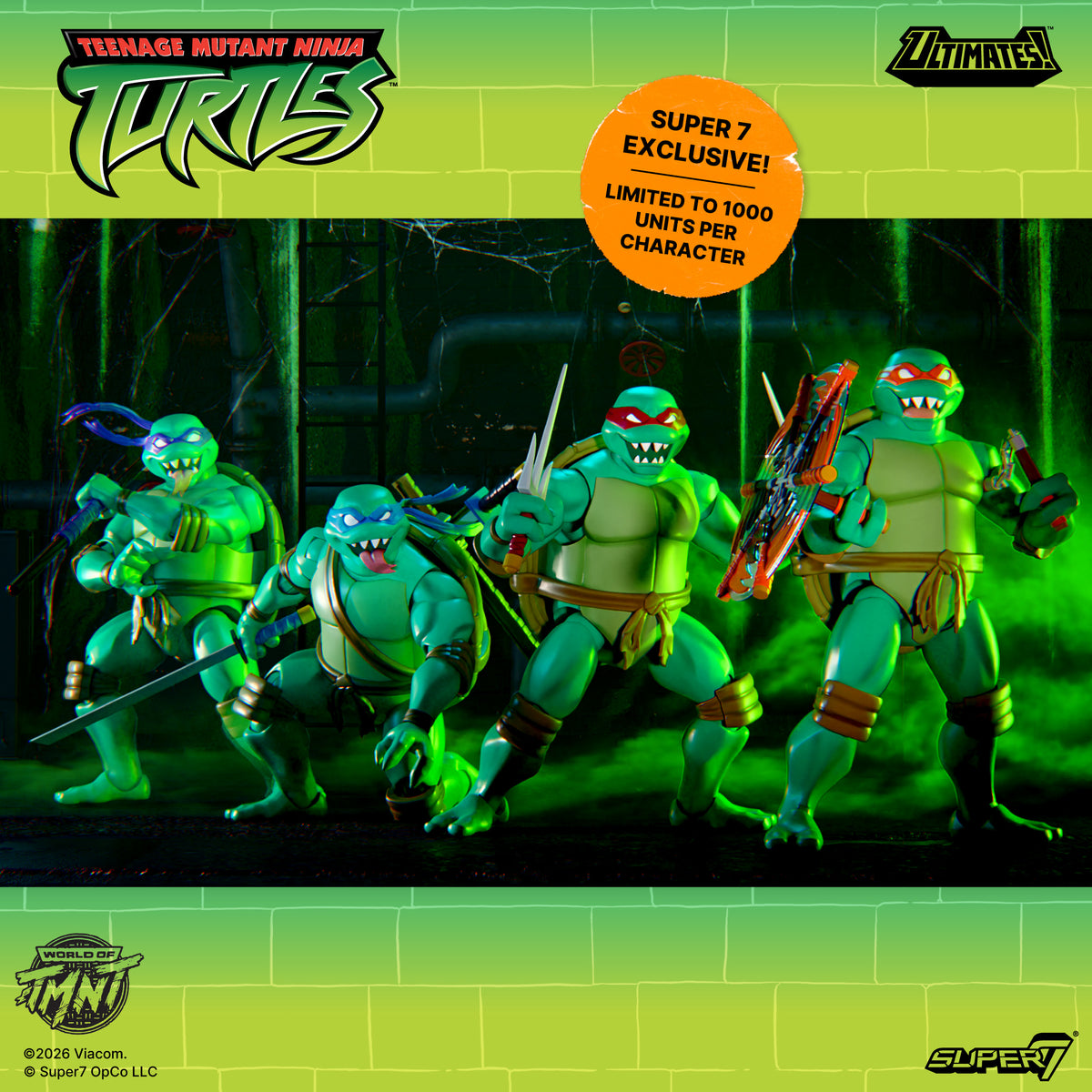 Group shot of four Nightmare Turtles from TMNT Ultimates Wave 16 with weapons and an orange exclusive sticker