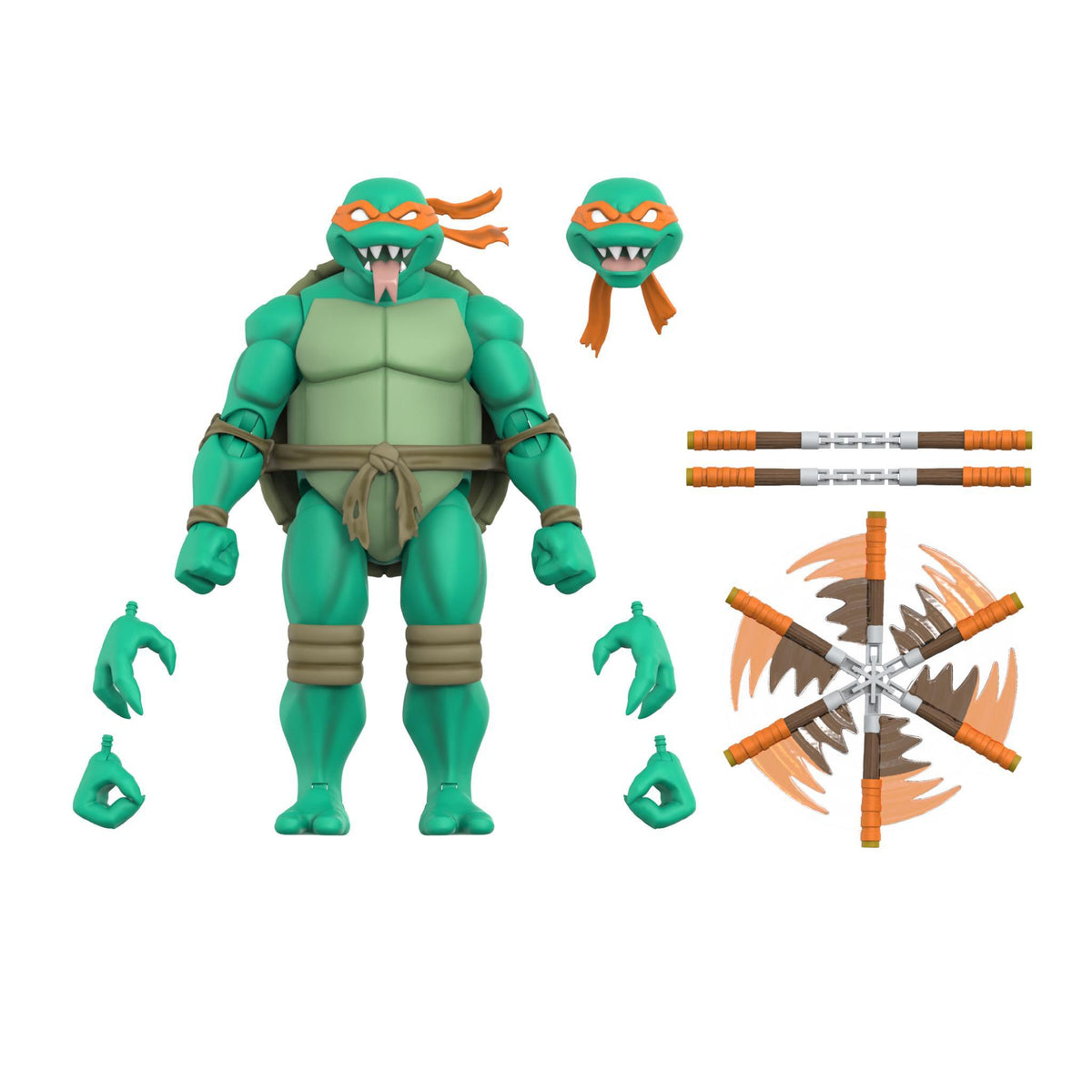 Michelangelo Leonardo Donatello and Raphael figures from TMNT Ultimates Nightmare Turtles Wave 16 green turtles with colored masks and weapons