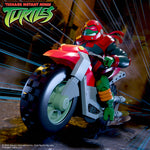 Raphael in red armor and helmet riding a red motorcycle with the Teenage Mutant Ninja Turtles logo above
