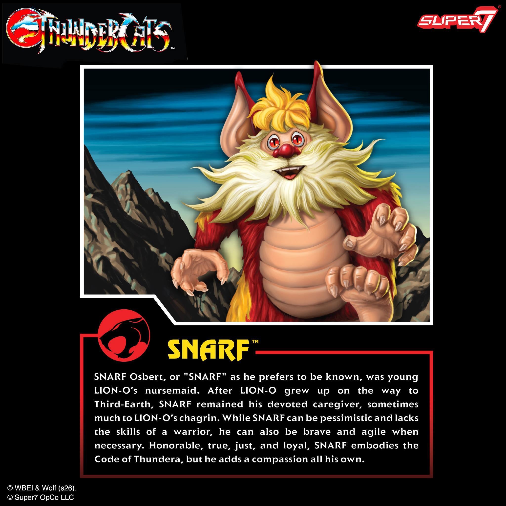 ThunderCats ULTIMATES Snarf figure artwork with Snarf peeking from a white framed panel and logos above