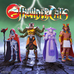 Group shot of ThunderCats ULTIMATES Wave 15 figures Jagara Zaxx Wizz-Ra and Mumm-Ra posed together on a rocky battlefield.