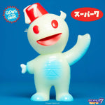 Super7 Vinyl Mummy Boy (Glow w/Fez) figure, glowing light green with red eyes, mouth, and fez