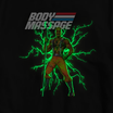 Black T shirt featuring Body Massage PSA graphic and a muscular soldier surrounded by neon green lightning