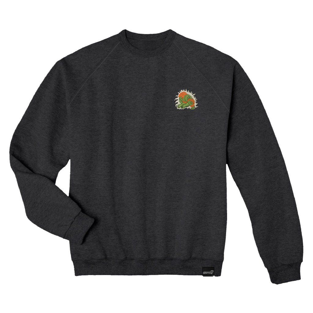 Dark gray crewneck sweatshirt featuring a small electric Blanka embroidery on the chest.