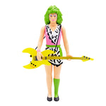 Pizzazz action figure from Jem and the Holograms wearing pink and white zebra dress with lime green hair holding a yellow guitar