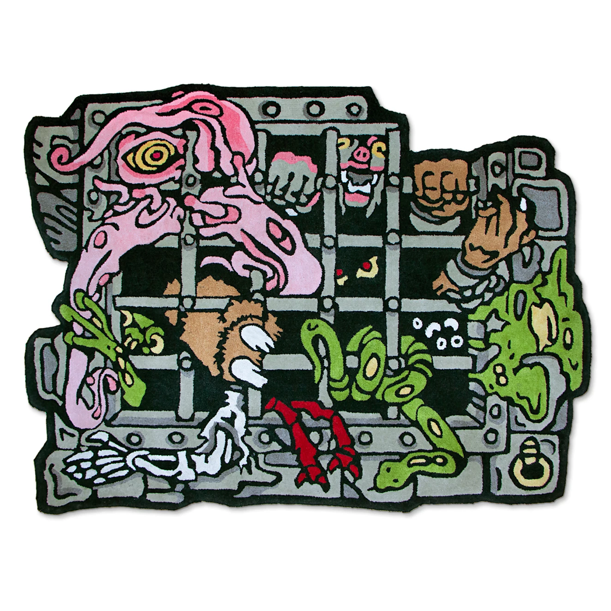 Masters of the Universe Grayskull Dungeon rug featuring a pink tentacled monster behind dungeon bars.