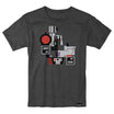 Dark charcoal T-shirt with a minimal geometric Megatron portrait in gray black and orange.