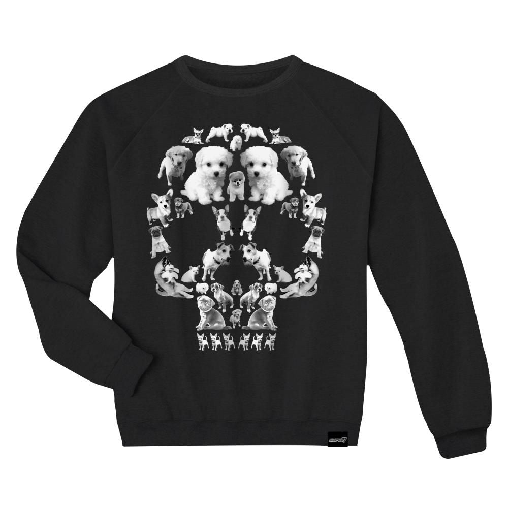 Black crewneck sweatshirt featuring a white collage of puppies arranged to form a skull design.